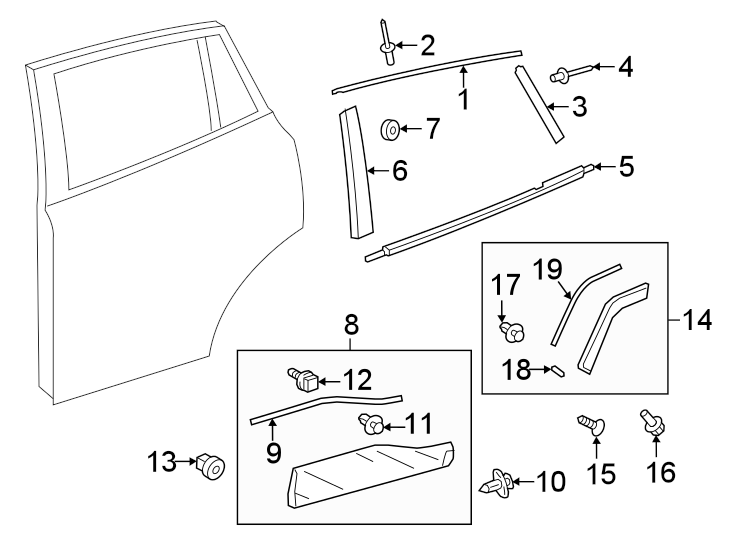 Diagram Rear door. Exterior trim. for your 2017 Toyota Avalon  Hybrid XLE Premium Sedan 