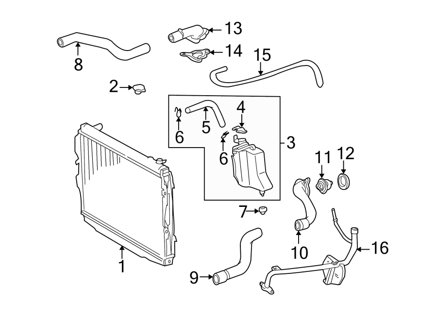 Diagram RADIATOR & COMPONENTS. for your 2003 Toyota Tacoma 2.4L M/T RWD Base Extended Cab Pickup Stepside 