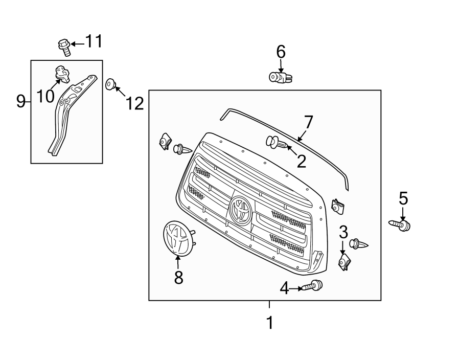 Diagram GRILLE & COMPONENTS. for your 2017 Toyota Tundra 4.6L V8 A/T RWD SR Extended Cab Pickup Fleetside 