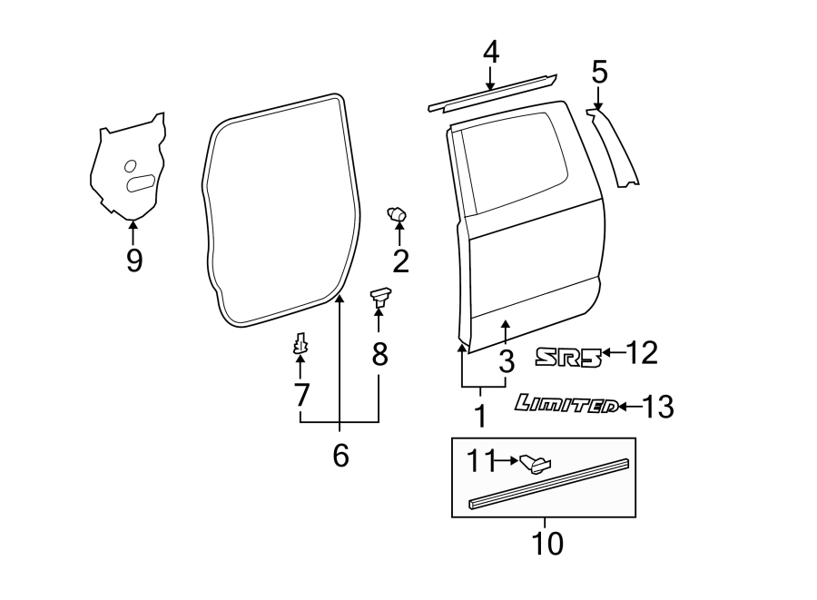 Diagram REAR DOOR. DOOR & COMPONENTS. EXTERIOR TRIM. for your Toyota