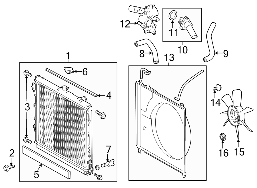 Diagram COOLING FAN. RADIATOR & COMPONENTS. for your 2009 Toyota Tacoma 2.7L M/T RWD Pre Runner Extended Cab Pickup Fleetside 