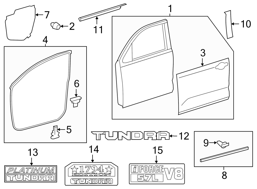 Diagram Front door. Door & components. Exterior trim. for your 2014 Toyota Tundra 4.6L V8 A/T 4WD SR Standard Cab Pickup Fleetside 