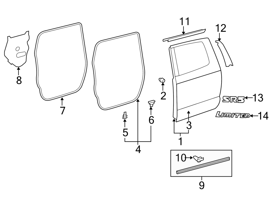 Diagram REAR DOOR. DOOR & COMPONENTS. EXTERIOR TRIM. for your Toyota