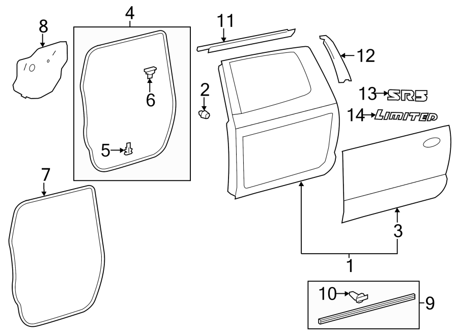 Diagram REAR DOOR. DOOR & COMPONENTS. EXTERIOR TRIM. for your 2014 Toyota Tundra 4.6L V8 A/T 4WD SR Standard Cab Pickup Fleetside 