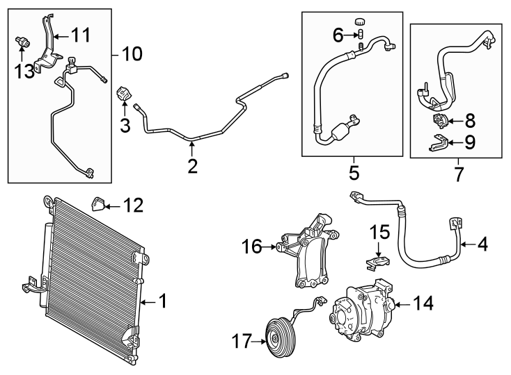 Diagram Air conditioner & heater. Back door. Compressor & lines. Condenser. for your 2023 Toyota Tundra 3.4L i-Force Max V6 FULL HYBRID EV-GAS (FHEV) A/T 4WD Platinum Crew Cab Pickup Fleetside 