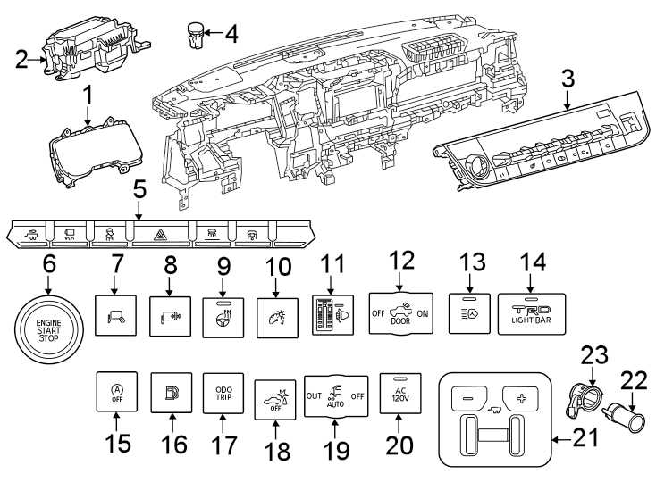 Diagram Instrument panel. Cluster & switches. for your 2011 Toyota RAV4 2.5L A/T FWD Limited Sport Utility 