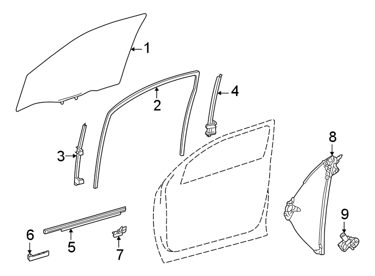 Diagram Front door. Glass & hardware. for your 2009 Toyota Prius   