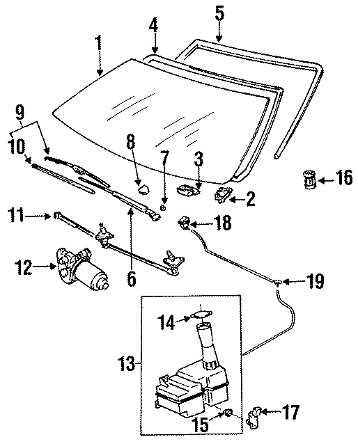 Diagram WINDSHIELD. GLASS. REVEAL MOLDINGS. WIPER & WASHER COMPONENTS. for your 2019 Toyota Tacoma 3.5L V6 M/T 4WD TRD Off-Road Crew Cab Pickup Fleetside 