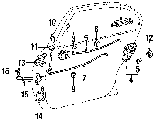 Diagram REAR DOOR. LOCK & HARDWARE. for your 1996 Toyota Camry 2.2L A/T LE SEDAN 