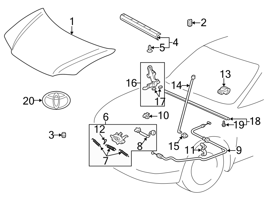 Diagram EXTERIOR TRIM. HOOD & COMPONENTS. for your Toyota