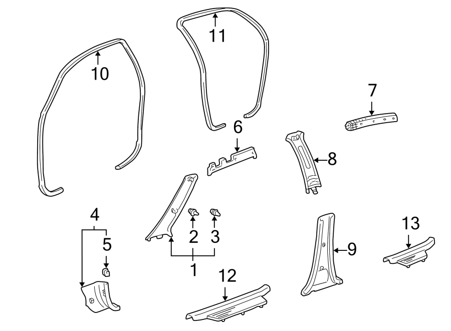 Diagram PILLARS. ROCKER & FLOOR. INTERIOR TRIM. for your 2012 Toyota Sienna  LE Mini Passenger Van 