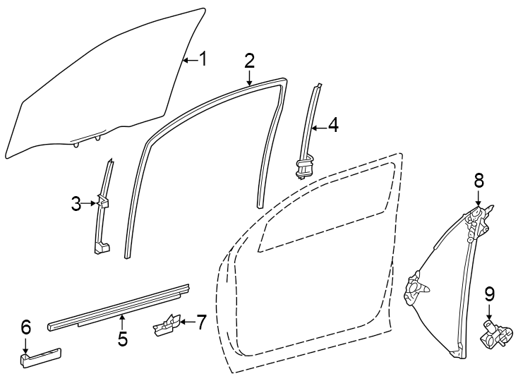 Diagram Front door. Glass & hardware. for your 2009 Toyota Prius   