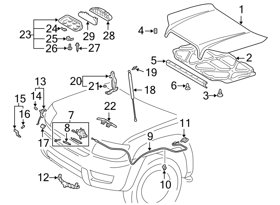 Diagram HOOD & COMPONENTS. for your 1994 Toyota Corolla  Base Sedan 