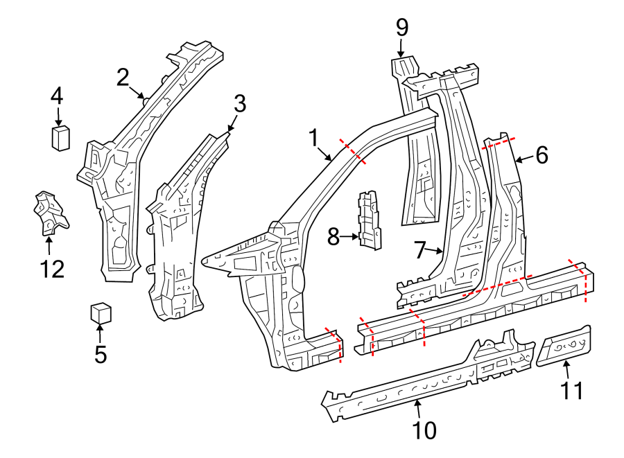 Diagram PILLARS. ROCKER & FLOOR. CENTER PILLAR & ROCKER. HINGE PILLAR. for your 2024 Toyota BZ4X   