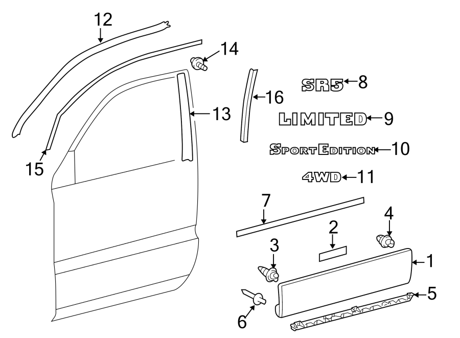 Diagram FRONT DOOR. EXTERIOR TRIM. for your 2006 Toyota Tacoma 4.0L V6 A/T RWD Pre Runner Extended Cab Pickup Fleetside 