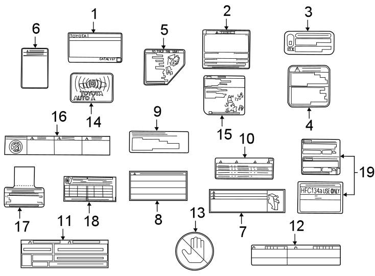 Diagram INFORMATION LABELS. for your 2019 Toyota Highlander  XLE Sport Utility 