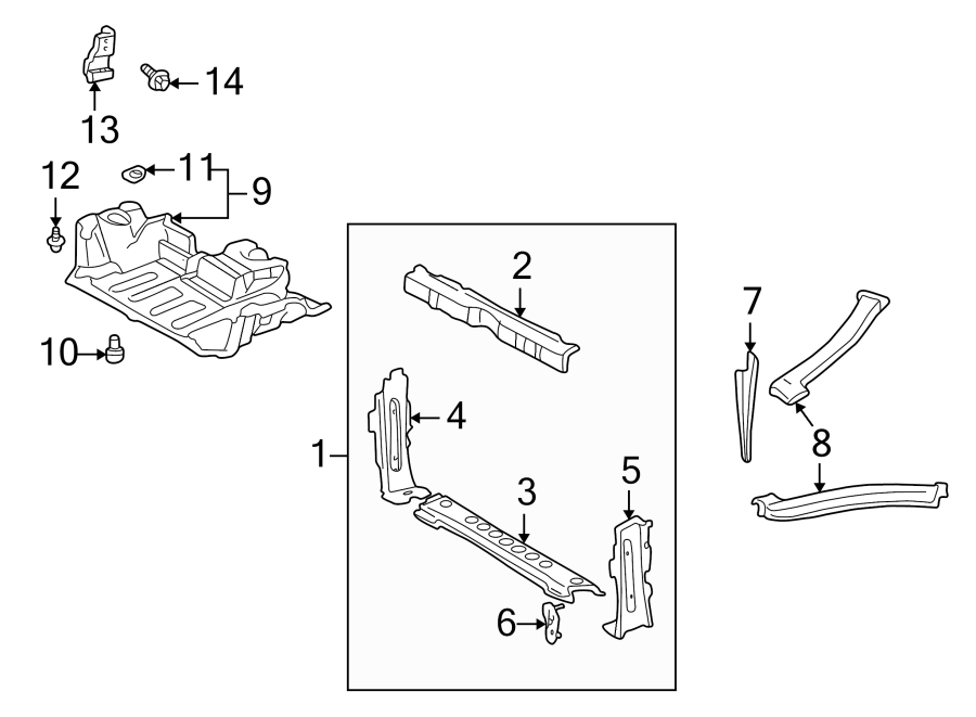 Diagram RADIATOR SUPPORT. SPLASH SHIELDS. for your Toyota