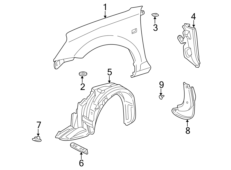 Diagram EXTERIOR TRIM. FENDER & COMPONENTS. for your Toyota