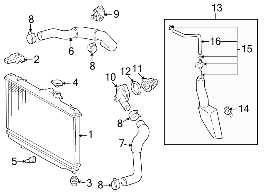 Diagram RADIATOR & COMPONENTS. for your 2012 Toyota Tacoma 4.0L V6 A/T 4WD Base Standard Cab Pickup Fleetside 