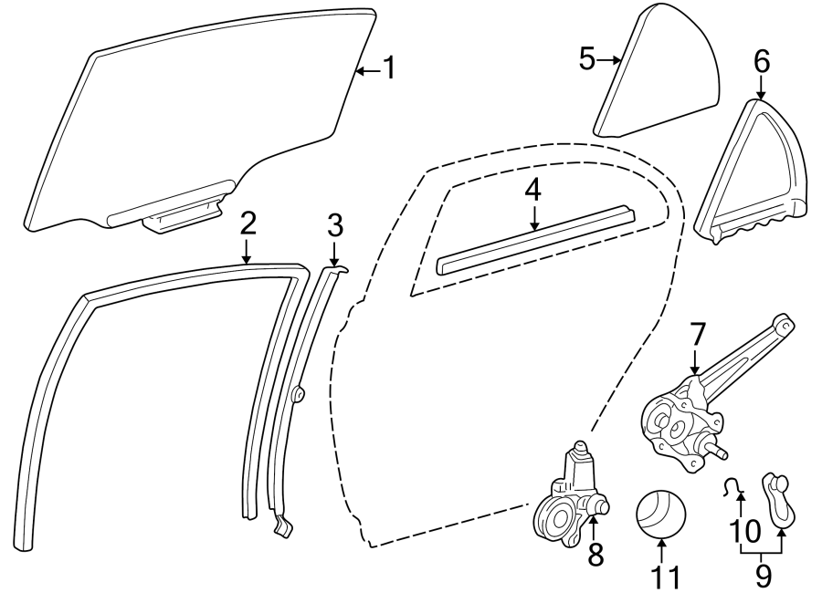 Diagram REAR DOOR. GLASS & HARDWARE. for your 2023 Toyota Tacoma 3.5L V6 A/T 4WD SR5 Crew Cab Pickup Fleetside 