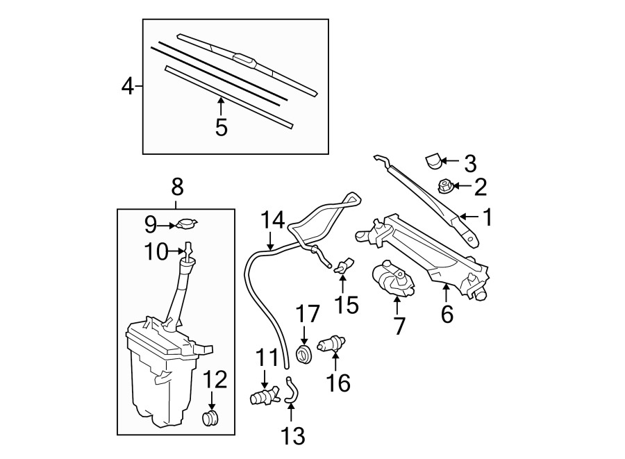 Diagram WINDSHIELD. WIPER & WASHER COMPONENTS. for your 2014 Toyota Tundra  SR Extended Cab Pickup Fleetside 