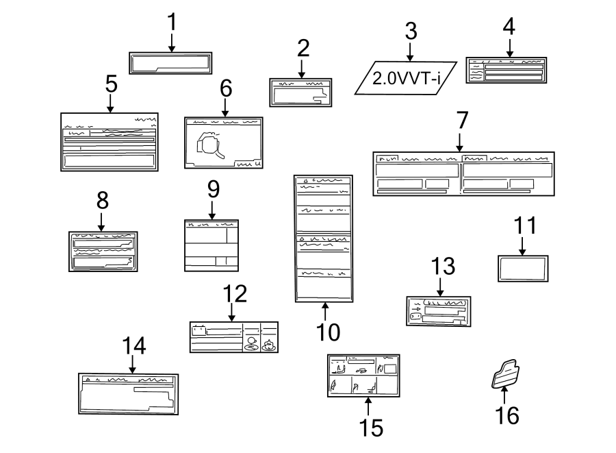 Diagram INFORMATION LABELS. for your 2014 Toyota Avalon 2.5L FULL HYBRID EV-GAS (FHEV) CVT Hybrid XLE Sedan 