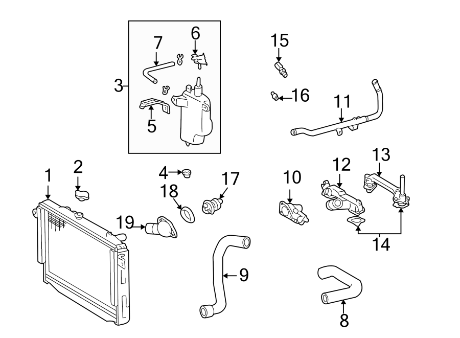 Diagram RADIATOR & COMPONENTS. for your 2008 Toyota Tacoma  Base Extended Cab Pickup Fleetside 