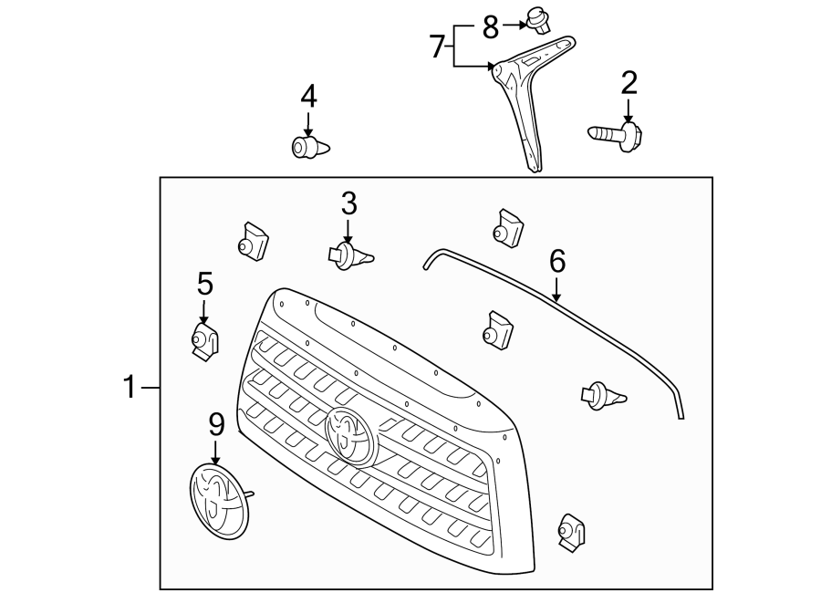 Diagram GRILLE & COMPONENTS. for your 2019 Toyota Tacoma 3.5L V6 M/T 4WD TRD Off-Road Crew Cab Pickup Fleetside 