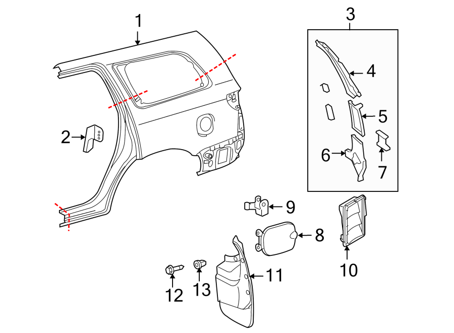 Diagram EXTERIOR TRIM. QUARTER PANEL & COMPONENTS. for your 2021 Toyota Highlander  LE Sport Utility 