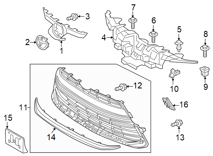 Diagram Front bumper & grille. Grille & components. for your Toyota