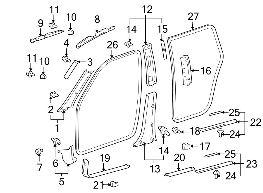 Diagram PILLARS. ROCKER & FLOOR. INTERIOR TRIM. for your 2004 Toyota Tacoma 2.4L A/T RWD Base Crew Cab Pickup Fleetside 