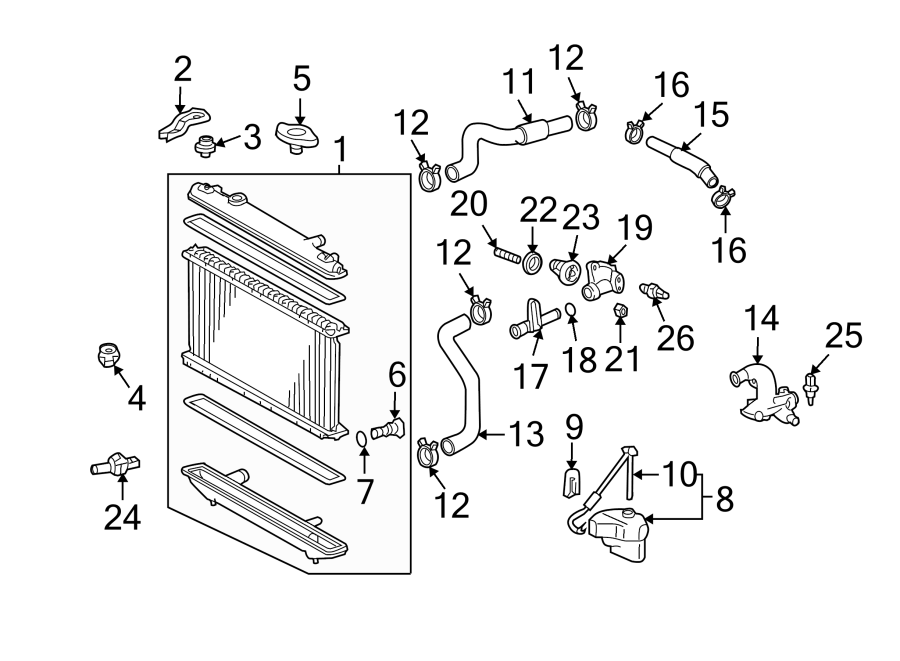 Diagram RADIATOR & COMPONENTS. for your 2008 Toyota Tacoma  Pre Runner Extended Cab Pickup Fleetside 