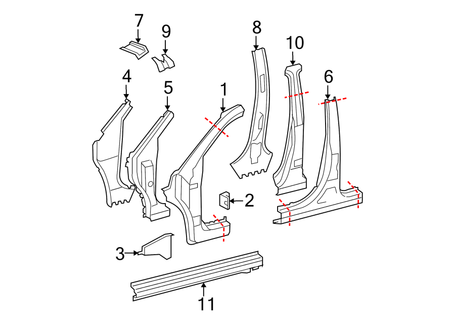 Diagram PILLARS. ROCKER & FLOOR. CENTER PILLAR & ROCKER. HINGE PILLAR. for your 2012 Toyota Avalon  Base Sedan 