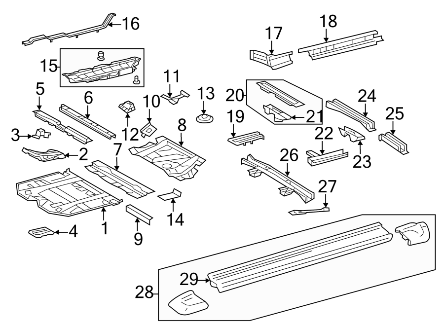 Diagram PILLARS. ROCKER & FLOOR. EXTERIOR TRIM. FLOOR & RAILS. for your 2021 Toyota Corolla   