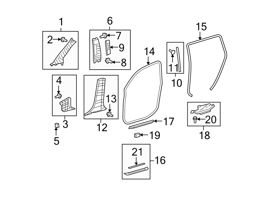 Diagram PILLARS. ROCKER & FLOOR. INTERIOR TRIM. for your 2012 Toyota Sienna 2.7L A/T AWD LE Mini Passenger Van 