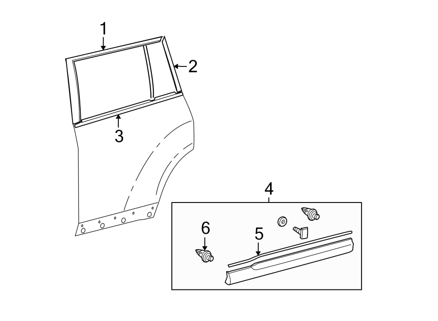 Diagram REAR DOOR. EXTERIOR TRIM. for your 2006 Toyota Tacoma 4.0L V6 M/T RWD Pre Runner Extended Cab Pickup Fleetside 