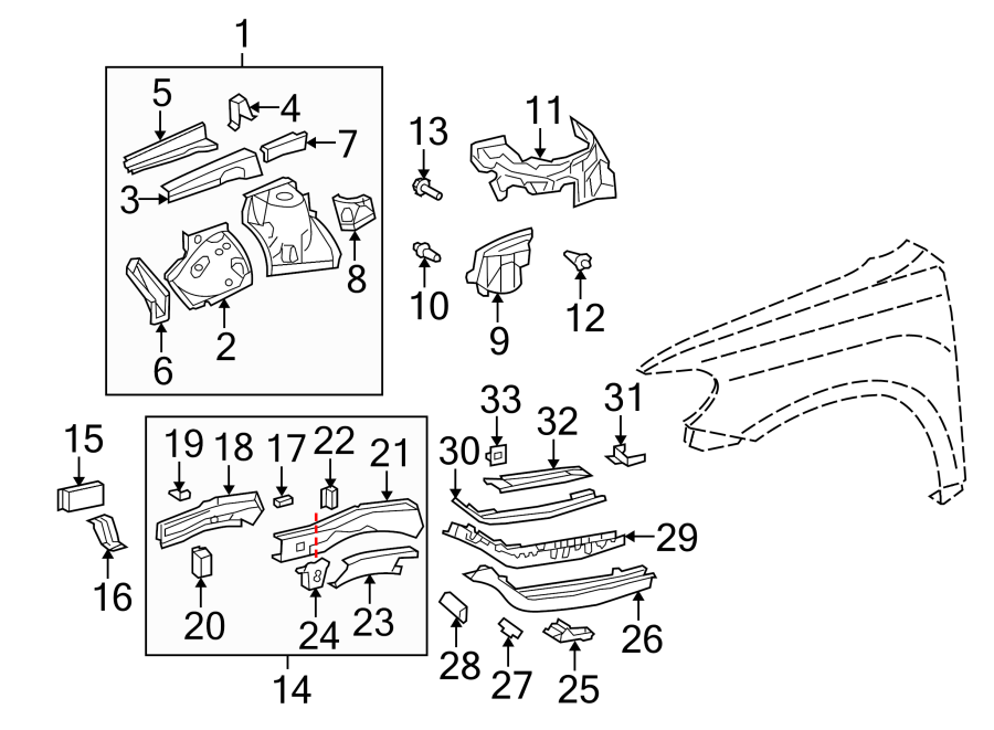 Diagram Fender. Structural components & rails. for your 2022 Toyota Prius Prime   