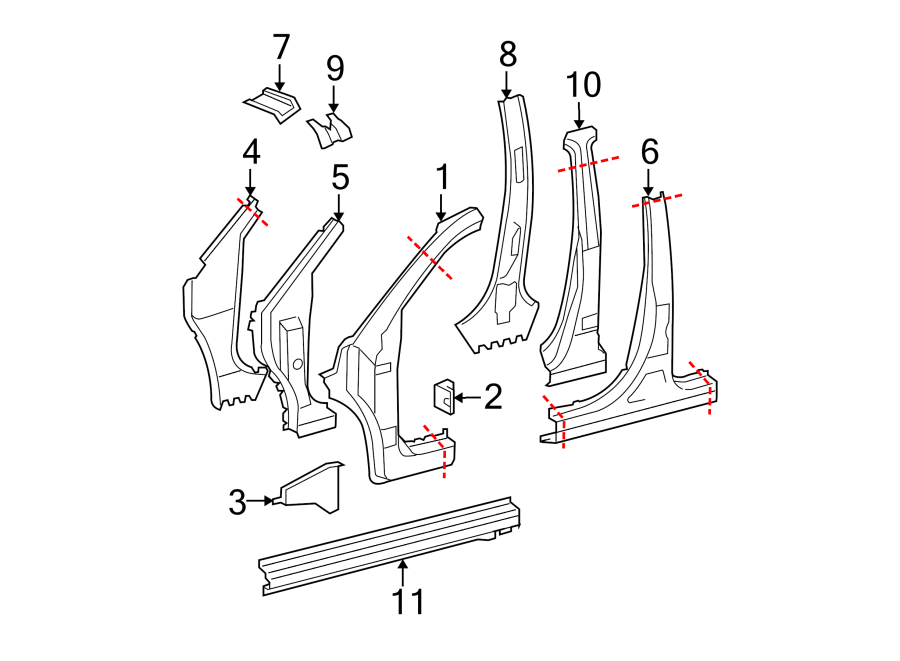 Diagram PILLARS. ROCKER & FLOOR. CENTER PILLAR & ROCKER. HINGE PILLAR. for your 2012 Toyota Avalon  Base Sedan 