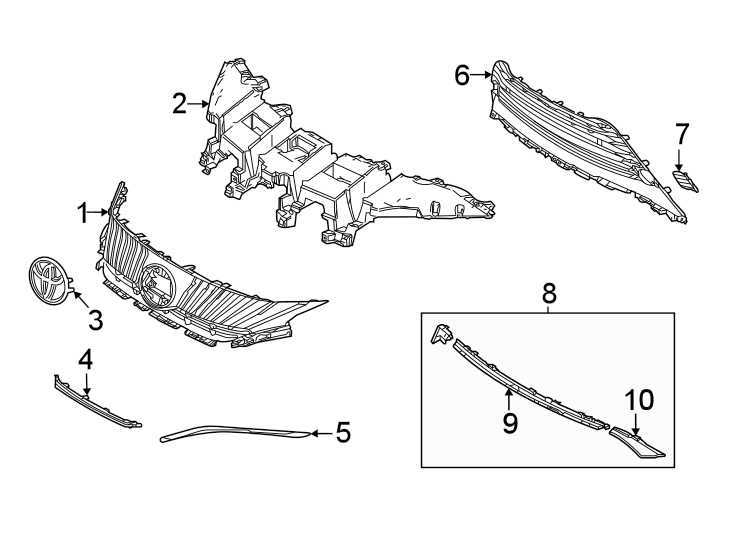 Diagram Front bumper & grille. Grille & components. for your 2021 Toyota RAV4  Hybrid Limited Sport Utility 