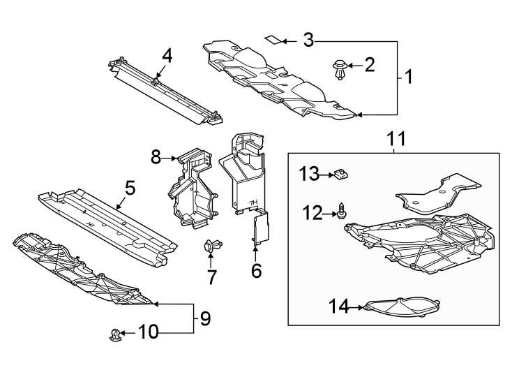 Diagram Radiator support. Splash shields. for your 2011 Toyota Tacoma  Pre Runner Crew Cab Pickup Fleetside 