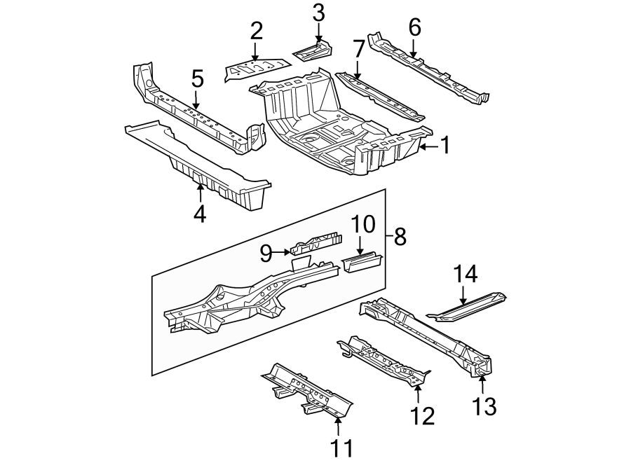 Diagram REAR BODY & FLOOR. FLOOR & RAILS. for your 2021 Toyota Tundra   