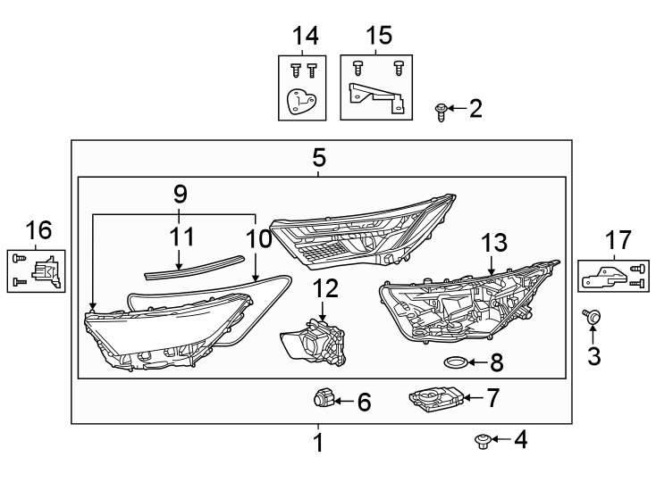 Diagram Front lamps. Headlamp components. for your 2017 Toyota Avalon 3.5L V6 A/T XLE Plus Sedan 