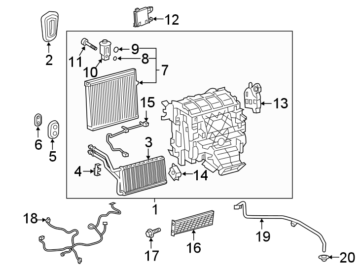 Diagram Air conditioner & heater. Rear suspension. Evaporator & heater components. for your 2018 Toyota Camry  Hybrid XLE Sedan 