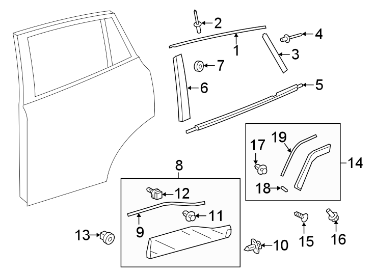 Diagram REAR DOOR. EXTERIOR TRIM. for your 2021 Toyota Prius Prime  Limited Hatchback 