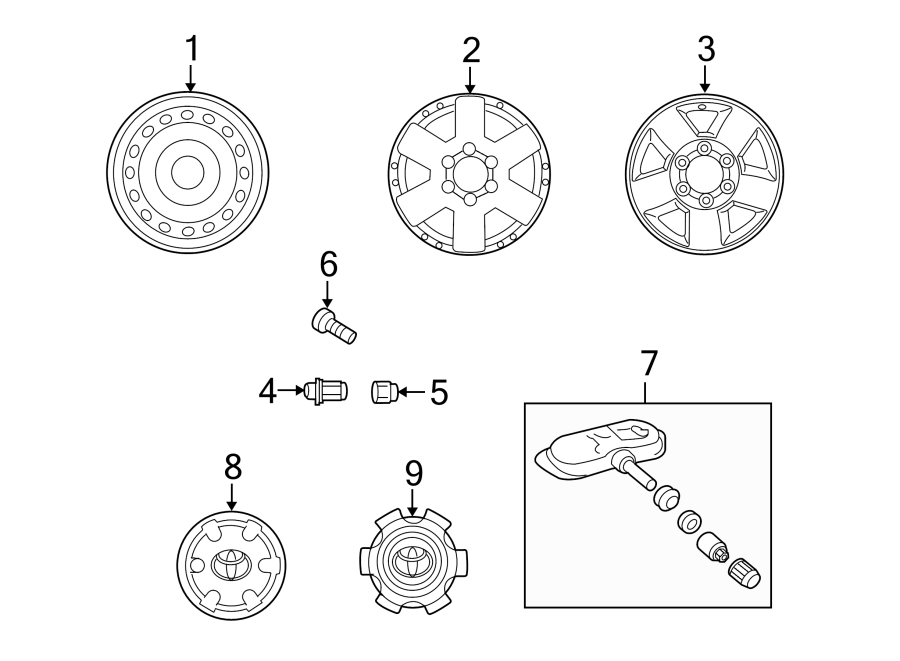 Diagram WHEELS. COVERS & TRIM. for your Toyota