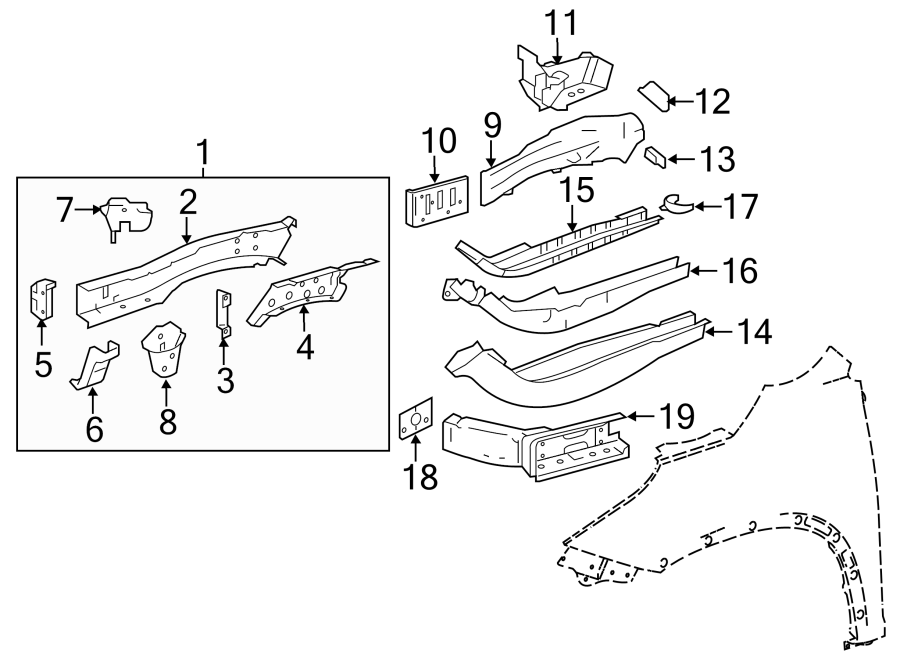 Diagram FENDER. STRUCTURAL COMPONENTS & RAILS. for your Toyota Highlander  