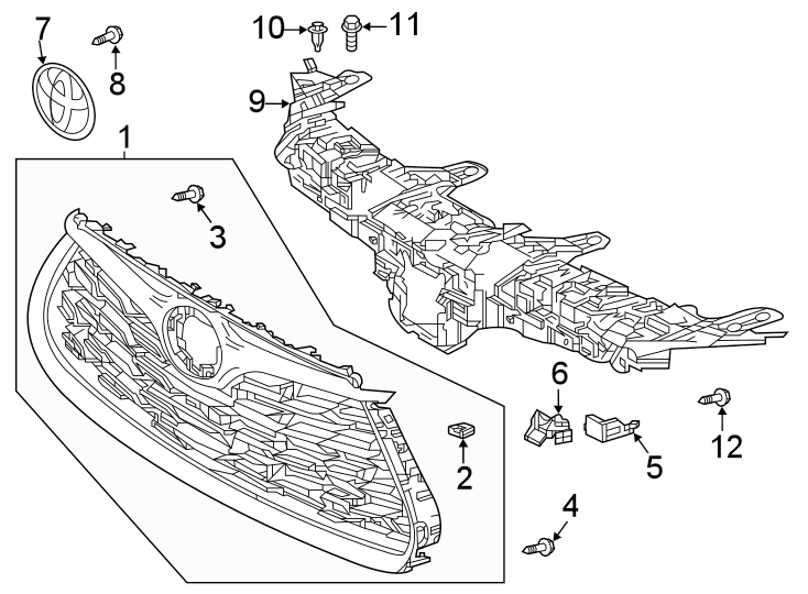 Diagram Front bumper & grille. Grille & components. for your Toyota