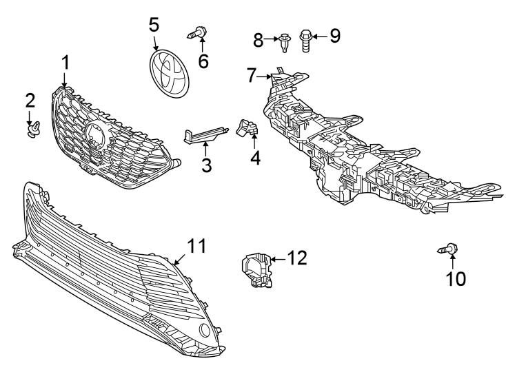 Diagram Front bumper & grille. Grille & components. for your Toyota