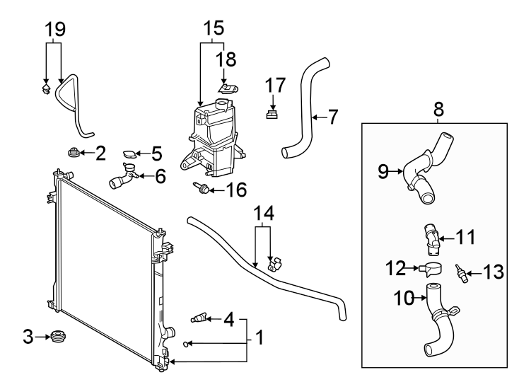 Diagram Radiator & components. for your 2012 Toyota Highlander   