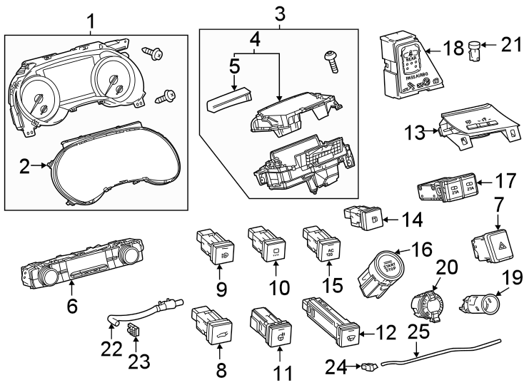 Diagram Instrument panel. Cluster & switches. for your 2019 Toyota Tacoma 3.5L V6 M/T 4WD TRD Off-Road Crew Cab Pickup Fleetside 